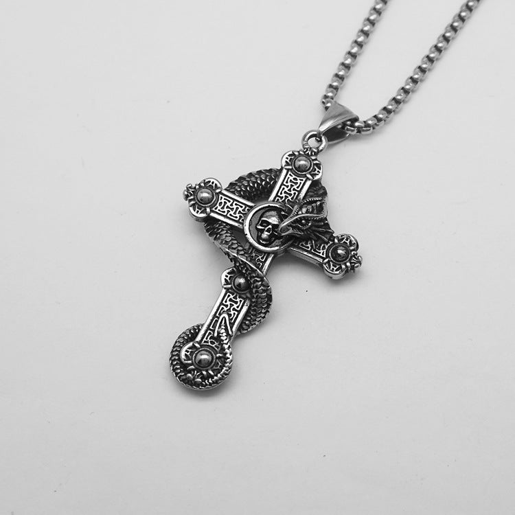 Gothic Dragon Wrapped Cross Pendant Necklace