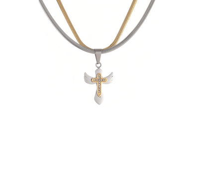 Double layer snake bone cross necklace