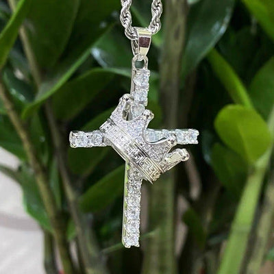 Full Diamond Crown Cross Pendant Necklace