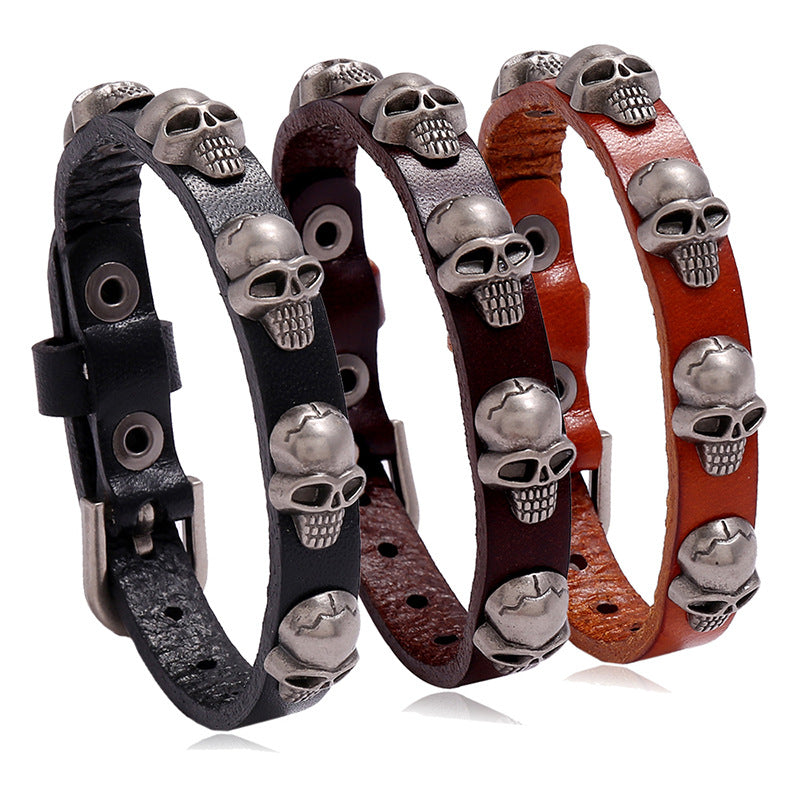 Punk style skull leather bracelet