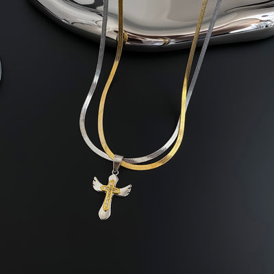 Double layer snake bone cross necklace