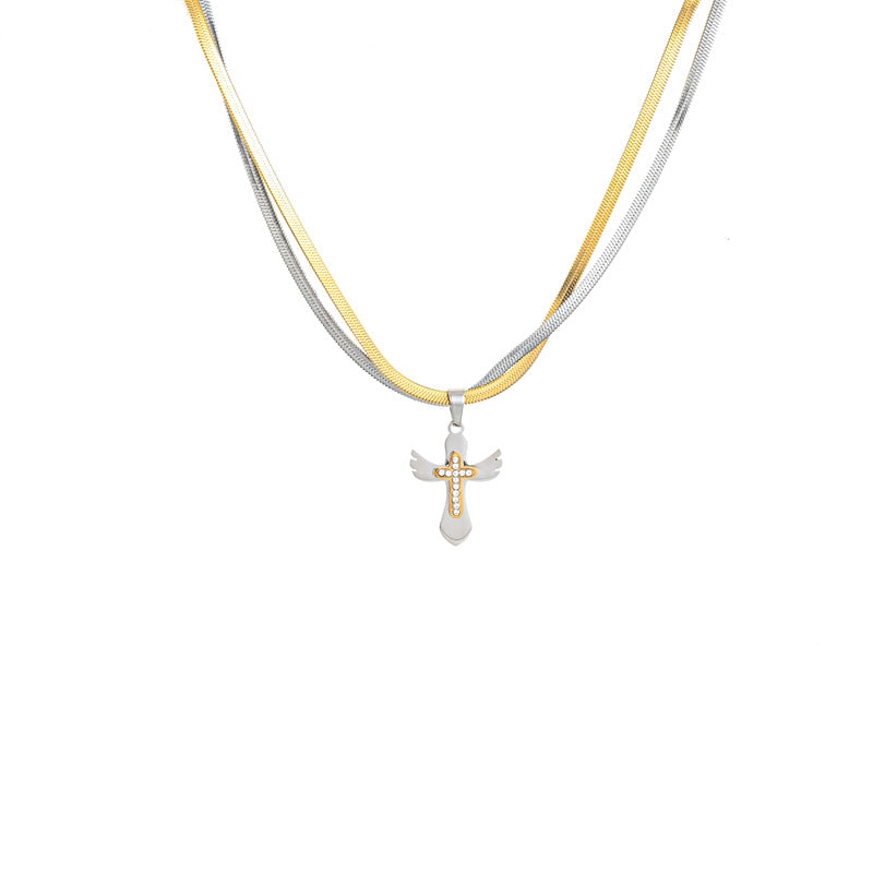 Double layer snake bone cross necklace