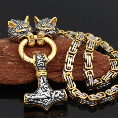 Wolf Head Byzantine Chain With Mjolnir - Viking Jewelry - Urcsilver