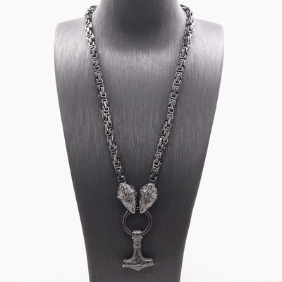 King Chain With Wolf Heads & Mjolnir Pendant - Viking Jewelry - Urcsilver