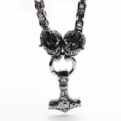 King Chain With Wolf Heads & Mjolnir Pendant - Viking Jewelry - Urcsilver