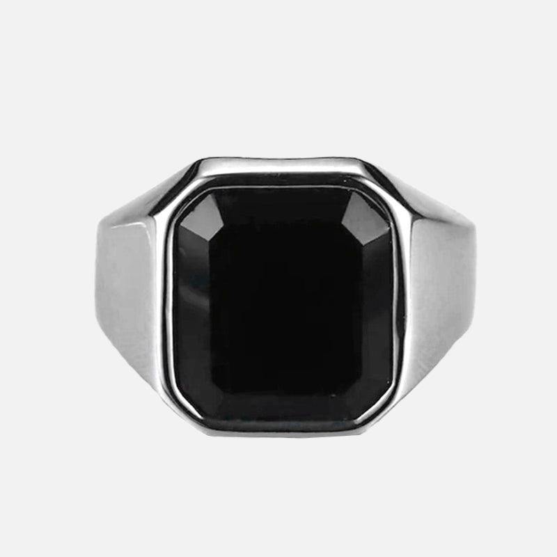 Black Gem Stone Stainless Steel Ring - Viking Jewelry - Urcsilver