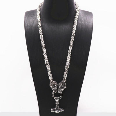 King Chain With Wolf Heads & Mjolnir Pendant - Viking Jewelry - Urcsilver