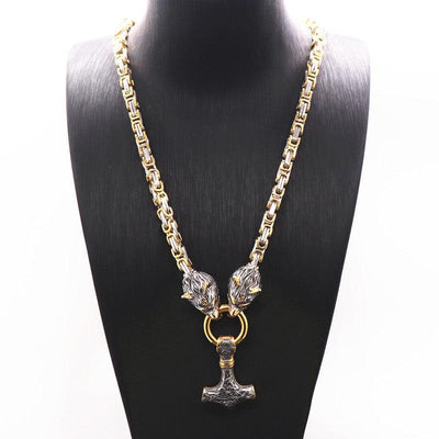 King Chain With Wolf Heads & Mjolnir Pendant - Viking Jewelry - Urcsilver